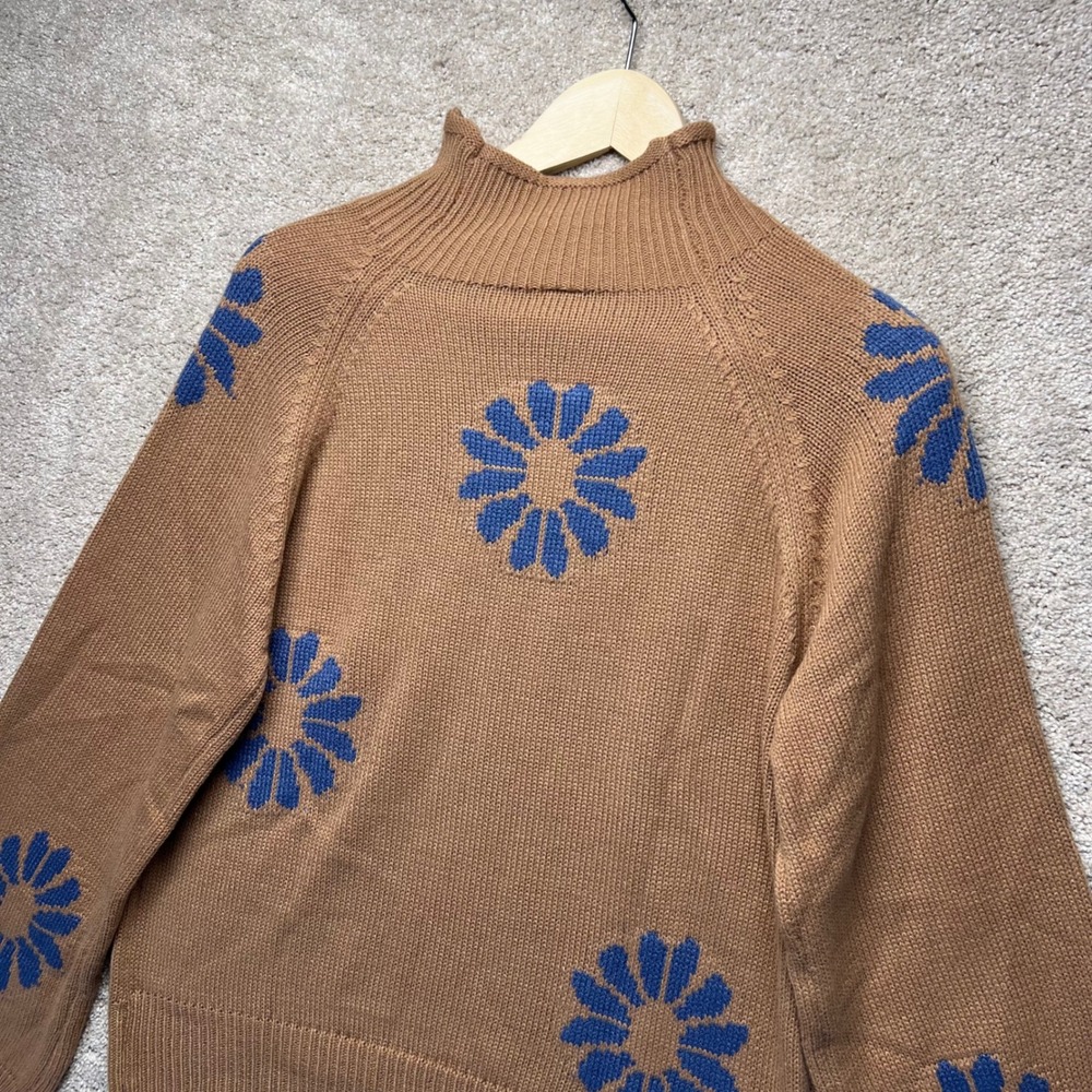 Brown Mock Neck Sweater Blue Floral Print‎ Long Sleeve Knit Boho Cottage Size S - Picture 9 of 10